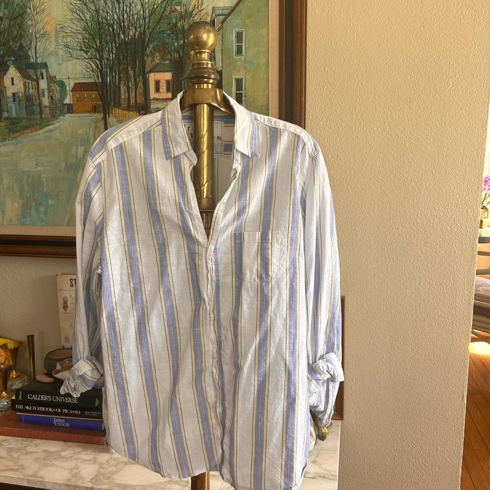Frank & Eileen Light Blue, White & Tan Striped Button-Down Shirt